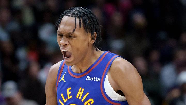 Denver Nuggets guard Peyton Watson (8) reacts against the New Orleans Pelicans at Smoothie King Center on January 13, 2026