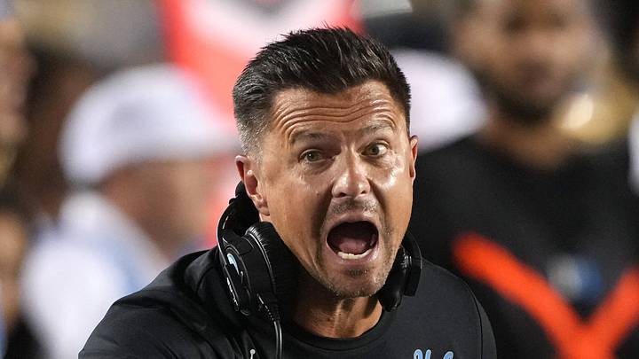 Sep 5, 2026; Berkeley, California, USA; UCLA Bruins head coach Bob Chesney (center) yells at field judge Timothy Maguire (left) during the first quarter against the California Golden Bears at California Memorial Stadium. Mandatory Credit: Darren Yamashita-Imagn Images Sep 5, 2026; Berkeley, California, USA; UCLA Bruins head coach Bob Chesney (center) yells at field judge Timothy Maguire (left) during the first quarter against the California Golden Bears at California Memorial Stadium. Mandatory Credit: Darren Yamashita-Imagn Images