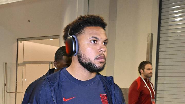 Mar 20, 2025; Inglewood, California, USA; United States of America midfielder Weston McKennie (8) arrives before a Concacaf Nations League semifinal match at SoFi Stadium. Mar 20, 2025; Inglewood, California, USA; United States of America midfielder Weston McKennie (8) arrives before a Concacaf Nations League semifinal match at SoFi Stadium.