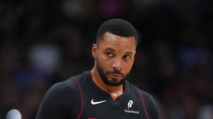 Nov 5, 2025; Denver, Colorado, USA; Miami Heat guard Norman Powell (24) during the second quarter against the Denver Nuggets at Ball Arena. Mandatory Credit: Ron Chenoy-Imagn Images