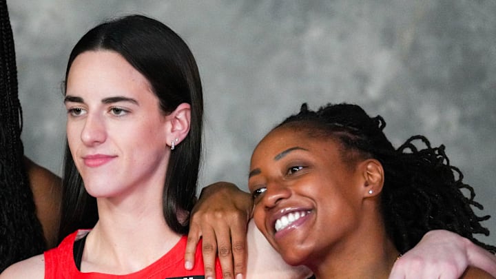 Indiana Fever's Aliyah Boston (7), Caitlin Clark (22) and Kelsey Mitchell (0) take a phot before the 2025 WNBA All-Star Game on Saturday, July 19, 2025, at Gainbridge Fieldhouse in Indianapolis.