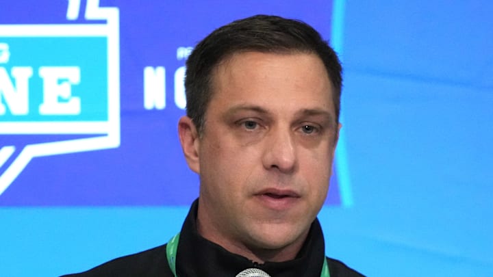 Feb 27, 2024; Indianapolis, IN, USA; Kansas City Chiefs general manager Brett Veach speaks during a press conference at the NFL Scouting Combine at Indiana Convention Center. Mandatory Credit: Kirby Lee-Imagn Images