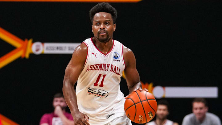 Assembly Ball guard Yogi Ferrell dribbles the ball up the court Tuesday, July 23, 2024, during the final matchup of The Basketball Tournament at Hinkle Fieldhouse in Indianapolis.