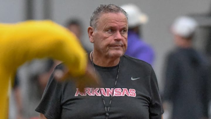 Arkansas Razorbacks coach Sam Pittman at a preseason practice at the indoor practice center in Fayetteville, Ark., on Thursday.