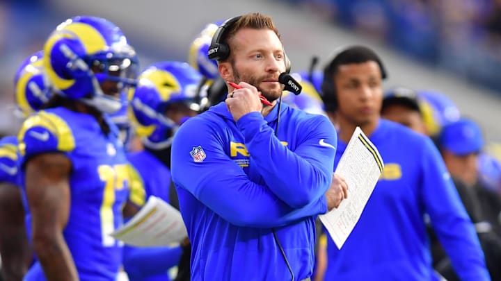 Dec 14, 2025; Inglewood, California, USA; Los Angeles Rams head coach Sean McVay looks on during the second quarter against the Detroit Lions at SoFi Stadium. Mandatory Credit: Gary A. Vasquez-Imagn Images Dec 14, 2025; Inglewood, California, USA; Los Angeles Rams head coach Sean McVay looks on during the second quarter against the Detroit Lions at SoFi Stadium. Mandatory Credit: Gary A. Vasquez-Imagn Images