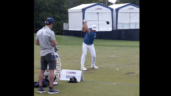 Viktor Hovland works on the driving range after his Saturday round at the U.S. Open.