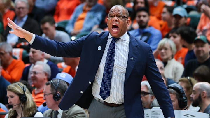 Feb 10, 2026; Coral Gables, Florida, USA; North Carolina Tar Heels head coach Hubert Davis reacts from the sideline against the Miami Hurricanes during the first half at Watsco Center. Mandatory Credit: Sam Navarro-Imagn Images