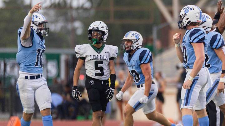 Humble Kingwood defensive back Carter Brookhouser (10) celebrates after a play against Clear Falls on Sept. 3. Humble Kingwood defensive back Carter Brookhouser (10) celebrates after a play against Clear Falls on Sept. 3.