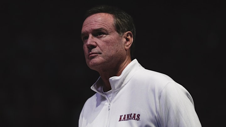 Feb 7, 2026; Lawrence, Kansas, USA; Kansas Jayhawks head coach Bill Self looks on during introductions prior to a game against the Arizona Wildcats at Allen Fieldhouse. Mandatory Credit: Jay Biggerstaff-Imagn Images