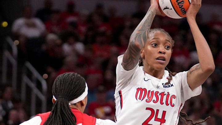 Indiana Fever forward Makayla Timpson (21) defends Washington Mystics guard Madison Scott (24) as she looks to pass during the first half of a game Friday, Aug. 15, 2025, at Gainbridge Fieldhouse in Indianapolis. The Fever fell to the Mystics 88-84.