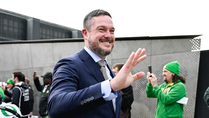 Dec 20, 2025; Eugene, OR, USA;  Oregon Ducks head coach Dan Lanning looks on before the game against the James Madison Dukes at Autzen Stadium. Mandatory Credit: Troy Wayrynen-Imagn Images