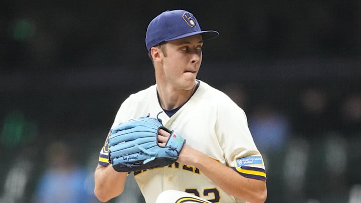 Apr 14, 2026; Milwaukee, Wisconsin, USA;  Milwaukee Brewers pitcher Jacob Misiorowski (32) throws a pitch during the first inning against the Toronto Blue Jays at American Family Field. Mandatory Credit: Jeff Hanisch-Imagn Images