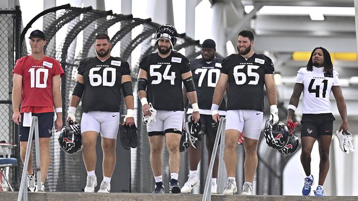 Jun 9, 2026; Houston, Texas, USA; Houston Texans guard Jarrett Patterson, center, Houston Texans center Jake Andrews, left center, Houston Texans quarterback Davis Mills left, Houston Texans center Eli Cox, right center and Houston Texans cornerback Stephen Hall, right, arrive for the team’s minicamp at Houston Methodist Training Center. Mandatory Credit: Maria Lysaker-Imagn Images Jun 9, 2026; Houston, Texas, USA; Houston Texans guard Jarrett Patterson, center, Houston Texans center Jake Andrews, left center, Houston Texans quarterback Davis Mills left, Houston Texans center Eli Cox, right center and Houston Texans cornerback Stephen Hall, right, arrive for the team’s minicamp at Houston Methodist Training Center. Mandatory Credit: Maria Lysaker-Imagn Images