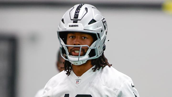 Las Vegas Raiders WR Jakobi Meyers at practice one day after asking GM John Spytek for a trade.