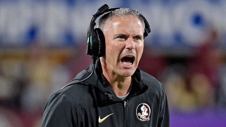 Sep 3, 2023; Orlando, Florida, USA; Florida State Seminoles head coach Mike Norvell is excited during the fourth quarter against the Louisiana State Tigers at Camping World Stadium. Mandatory Credit: Melina Myers-Imagn Images