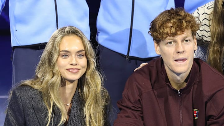 Laila Hasanovic, her boyfriend Jannik Sinner, and their dog Snoopy, after the men's singles final of the ATP Italian Open in Turin, Italy.