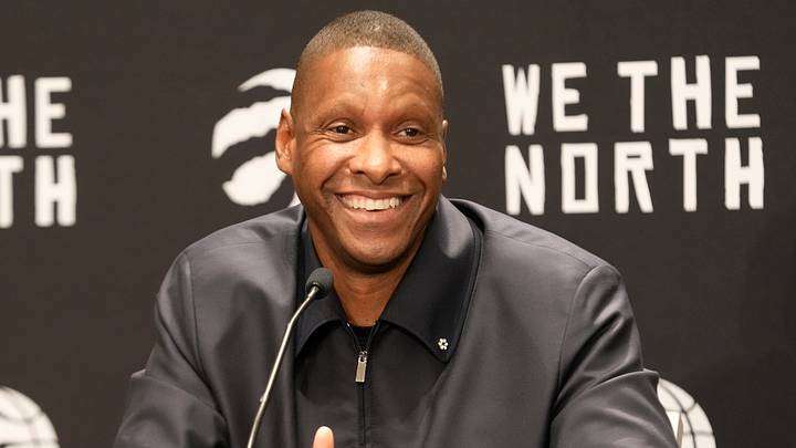 Oct 2, 2023; Toronto, ON, Canada; Toronto Raptors president Masai Ujiri smiles after a question by the media during Media Day at the Hilton Toronto. Mandatory Credit: John E. Sokolowski-USA TODAY Sports