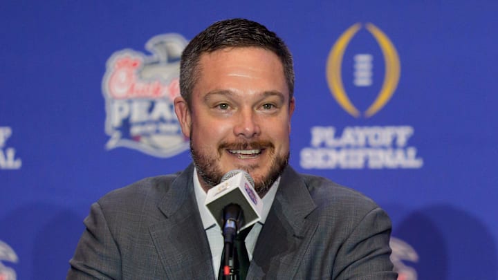 Oregon head coach Dan Lanning speaks during the head coaches’ press conference ahead of the Peach Bowl at the College Football Hall of Fame in Atlanta, Georgia, on Jan. 8, 2026.