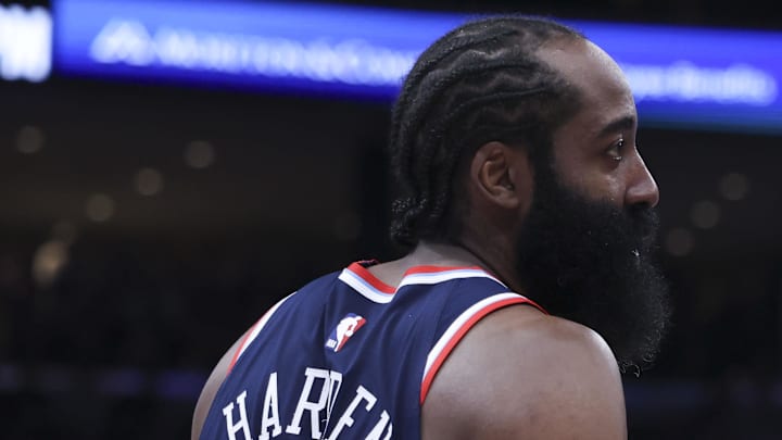 Jan 27, 2026; Salt Lake City, Utah, USA; LA Clippers guard James Harden (1) and LA Clippers forward John Collins (20) speak after a play against the Utah Jazz during the second half at Delta Center. Mandatory Credit: Rob Gray-Imagn Images