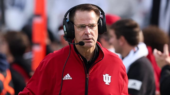 Indiana Hoosiers head coach Curt Cignetti walks on the sideline  against the Penn State Nittany Lions at Beaver Stadium. 