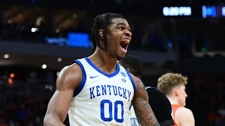 Mar 23, 2025; Milwaukee, WI, USA; Kentucky Wildcats guard Otega Oweh (00) reacts during the second half in the second round of the NCAA Tournament against the Illinois Fighting Illini at Fiserv Forum. Mandatory Credit: Benny Sieu-Imagn Images Mar 23, 2025; Milwaukee, WI, USA; Kentucky Wildcats guard Otega Oweh (00) reacts during the second half in the second round of the NCAA Tournament against the Illinois Fighting Illini at Fiserv Forum. Mandatory Credit: Benny Sieu-Imagn Images