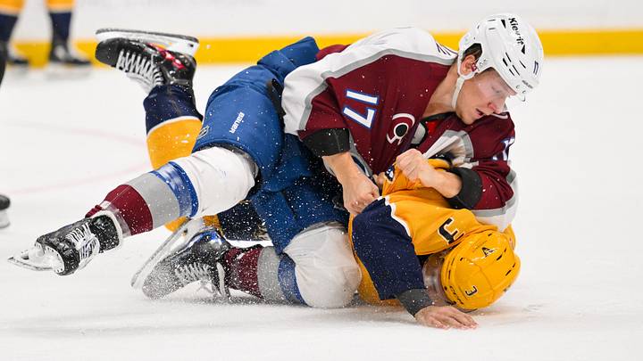 Oct 25, 2026; Nashville, Tennessee, USA; Nashville Predators defenseman Jayden Struble (3) and Colorado Avalanche center Parker Kelly (17) exchanges fist during the second period at Bridgestone Arena. Mandatory Credit: Steve Roberts-Imagn Images Oct 25, 2026; Nashville, Tennessee, USA; Nashville Predators defenseman Jayden Struble (3) and Colorado Avalanche center Parker Kelly (17) exchanges fist during the second period at Bridgestone Arena. Mandatory Credit: Steve Roberts-Imagn Images