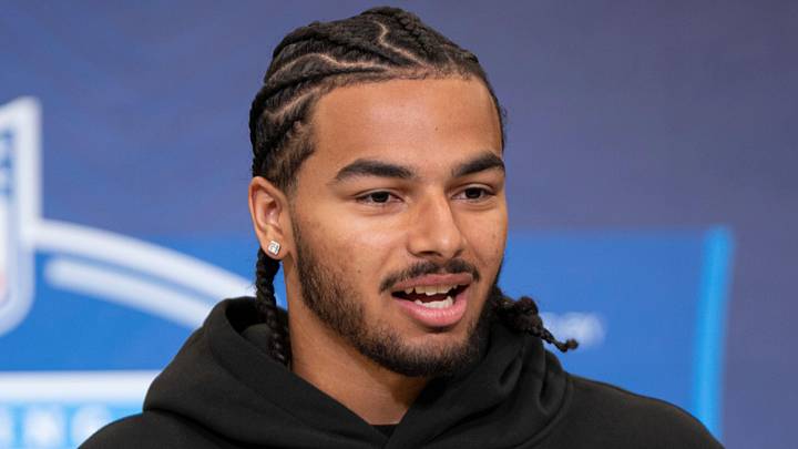 Feb 26, 2026; Indianapolis, IN, USA; Arizona defensive back Treydan Stukes (DB49) speaks to members of the media during the NFL Combine at the Indiana Convention Center. Mandatory Credit: Jacob Musselman-Imagn Images