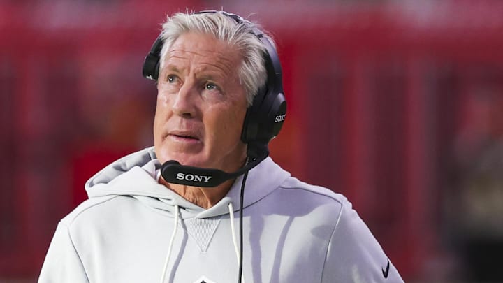 Dec 21, 2025; Houston, Texas, USA; Las Vegas Raiders head coach Pete Carroll stands on the sidelines during the first quarter against the Houston Texans at NRG Stadium. Mandatory Credit: Thomas Shea-Imagn Images