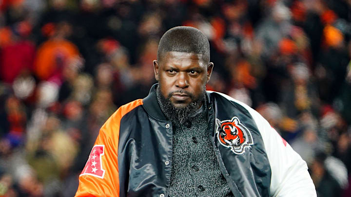 Former Cincinnati Bengals quarterback Ken Anderson, left, and offensive tackle Willie Anderson answer questions at a question and answer session during the Super Bowl LVI Opening Night Fan Rally on Feb. 7, 2022, at Paul Brown Stadium.