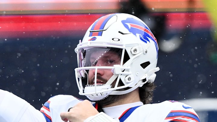Buffalo Bills quarterback Josh Allen warms up before game against the New England Patriots. Buffalo Bills quarterback Josh Allen warms up before game against the New England Patriots.