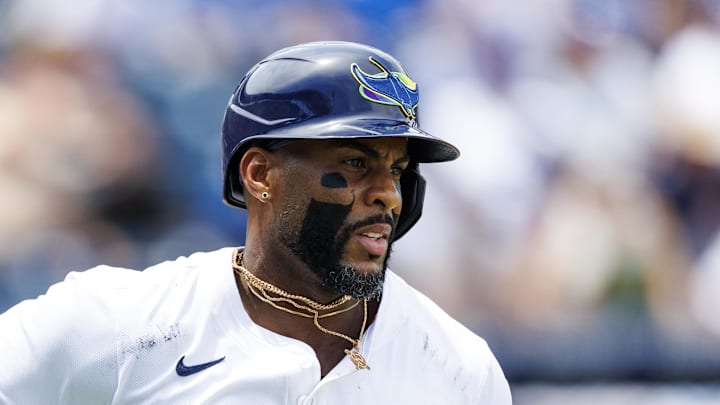 Tampa Bay Rays first baseman Yandy Diaz (2) runs to first base after a hit against the Los Angeles Dodgers during the fifth inning at George M. Steinbrenner Field. Tampa Bay Rays first baseman Yandy Diaz (2) runs to first base after a hit against the Los Angeles Dodgers during the fifth inning at George M. Steinbrenner Field.