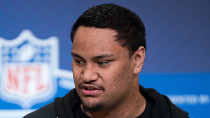 Feb 28, 2026; Indianapolis, IN, USA; Miami offensive lineman Francis Mauigoa (OL34) speaks to members of the media during the NFL Combine at the Indiana Convention Center.