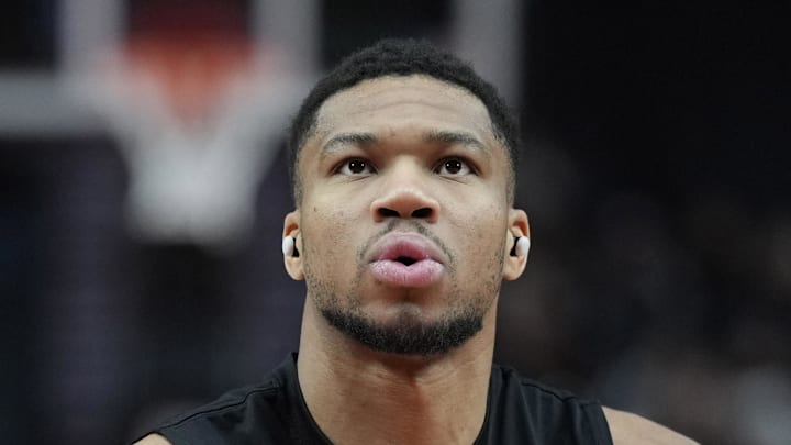 Milwaukee Bucks power forward Giannis Antetokounmpo warms up before the game against the Portland Trail Blazers.