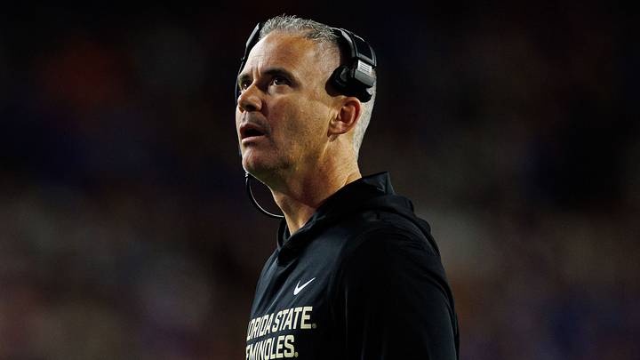 Nov 29, 2025; Gainesville, Florida, USA; Florida State Seminoles head coach Mike Norvell looks on against the Florida Gators during the second half at Ben Hill Griffin Stadium. Mandatory Credit: Matt Pendleton-Imagn Images