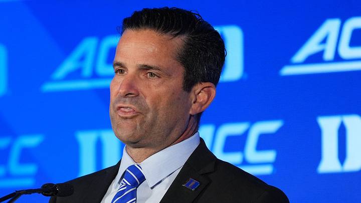 Jul 17, 2026; Charlotte, NC, USA; Duke head coach Manny Diaz talks with the media during interviews at Hilton Charlotte Uptown. Mandatory Credit: Jim Dedmon-Imagn Images