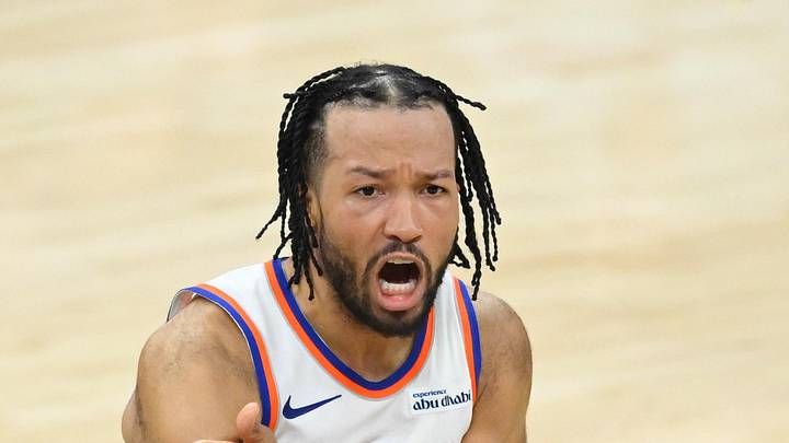 New York Knicks guard Jalen Brunson (11) reacts in the fourth quarter against the Cleveland Cavaliers during game four of the eastern conference finals for the 2026 NBA playoffs at Rocket Arena on May 25, 2026.