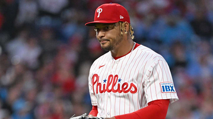 Mar 30, 2026; Philadelphia, Pennsylvania, USA; Philadelphia Phillies pitcher Taijuan Walker (99) walks off the mound after the second inning against the Washington Nationals at Citizens Bank Park. Mandatory Credit: Eric Hartline-Imagn Images