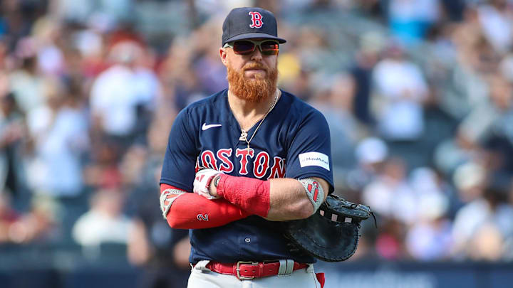 Aug 20, 2023; Bronx, New York, USA;  Boston Red Sox first baseman Justin Turner (2) at Yankee