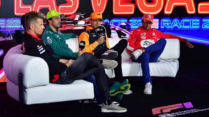 Nov 15, 2023; Las Vegas, Nevada, USA; McLaren F1 Team driver Lando Norris of Great Britain speaks Nov 15, 2023; Las Vegas, Nevada, USA; McLaren F1 Team driver Lando Norris of Great Britain speaks
