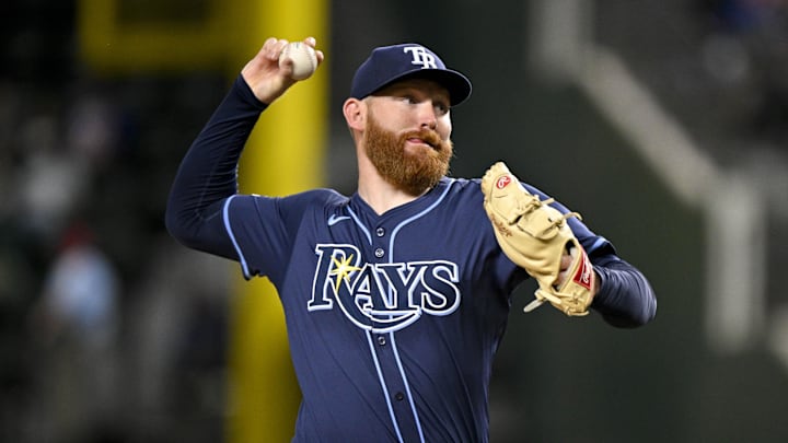 Tampa Bay Rays starting pitcher Zack Littell (52) pitches against the Texas Rangers in early April. Tampa Bay Rays starting pitcher Zack Littell (52) pitches against the Texas Rangers in early April.