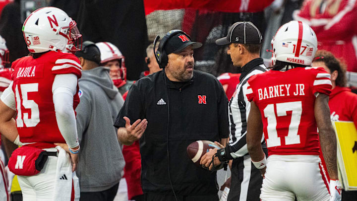 Nebraska head coach Matt Rhule talks with an official during last season's game against UCLA.