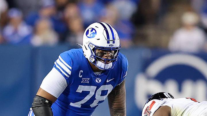 Oct 21, 2023; Provo, Utah, USA; Brigham Young Cougars offensive lineman Kingsley Suamataia (78) against Texas Tech Red Raiders linebacker Myles Cole (6) in there first half at LaVell Edwards Stadium. Mandatory Credit: Rob Gray-USA TODAY Sports