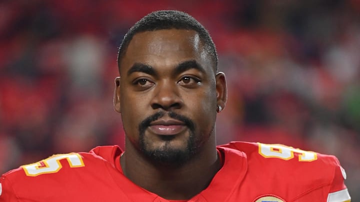 Dec 7, 2025; Kansas City, Missouri, USA; Kansas City Chiefs defensive tackle Chris Jones (95) is seen prior to the game against the Houston Texans at GEHA Field at Arrowhead Stadium. Mandatory Credit: Amy Kontras-Imagn Images