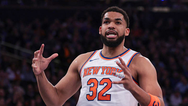 Feb 19, 2026; New York, New York, USA; New York Knicks center Karl-Anthony Towns (32) reacts during the first half against Detroit Pistons at Madison Square Garden. Mandatory Credit: Vincent Carchietta-Imagn Images
