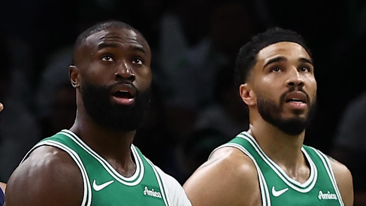 Mar 6, 2026; Boston, Massachusetts, USA; Boston Celtics guard Jaylen Brown (7) and forward Jayson Tatum (0) watch the Jumbotron during the second quarter against the Dallas Mavericks at TD Garden. Mandatory Credit: Winslow Townson-Imagn Images