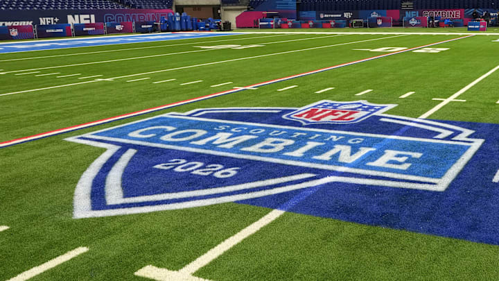 Feb 24, 2026; Indianapolis, IN, USA; The 2026 NFL Scouting Combine logo on the field at Lucas Oil Stadium. Mandatory Credit: Kirby Lee-Imagn Images