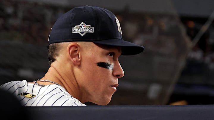 Oct 8, 2025; Bronx, New York, USA; New York Yankees right fielder Aaron Judge (99) takes the field to play against the Toronto Blue Jays during game four of the ALDS round for the 2025 MLB playoffs at Yankee Stadium. Mandatory Credit: Vincent Carchietta-Imagn Images