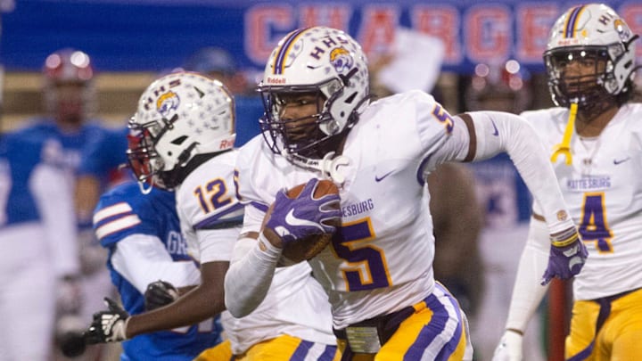Hattiesburg's Tristen Keys (5) returns for the Tigers during play against Grenada in the MHSAA 6A championship game in Hattiesburg, Miss., Saturday, Dec. 7, 2024.