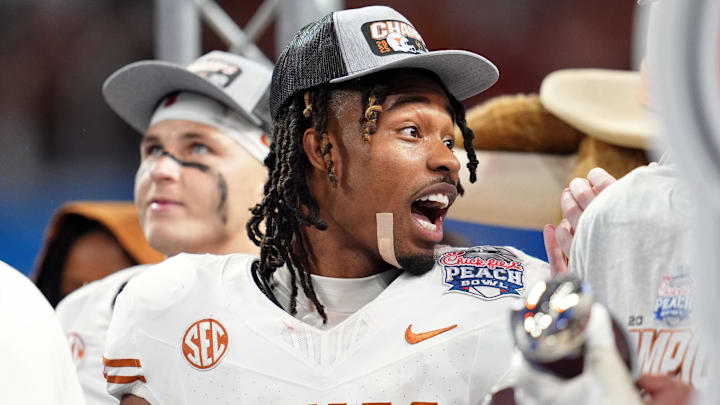 Jan 1, 2025; Atlanta, GA, USA; Texas Longhorns wide receiver Isaiah Bond (7) after winning the Peach Bowl at Mercedes-Benz Stadium. Mandatory Credit: Dale Zanine-Imagn Images