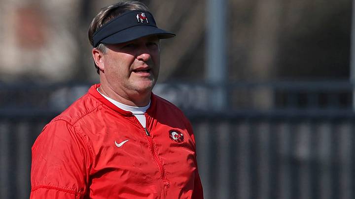 Kirby Smart looks on during spring practice on Thursday, March 14, 2024.